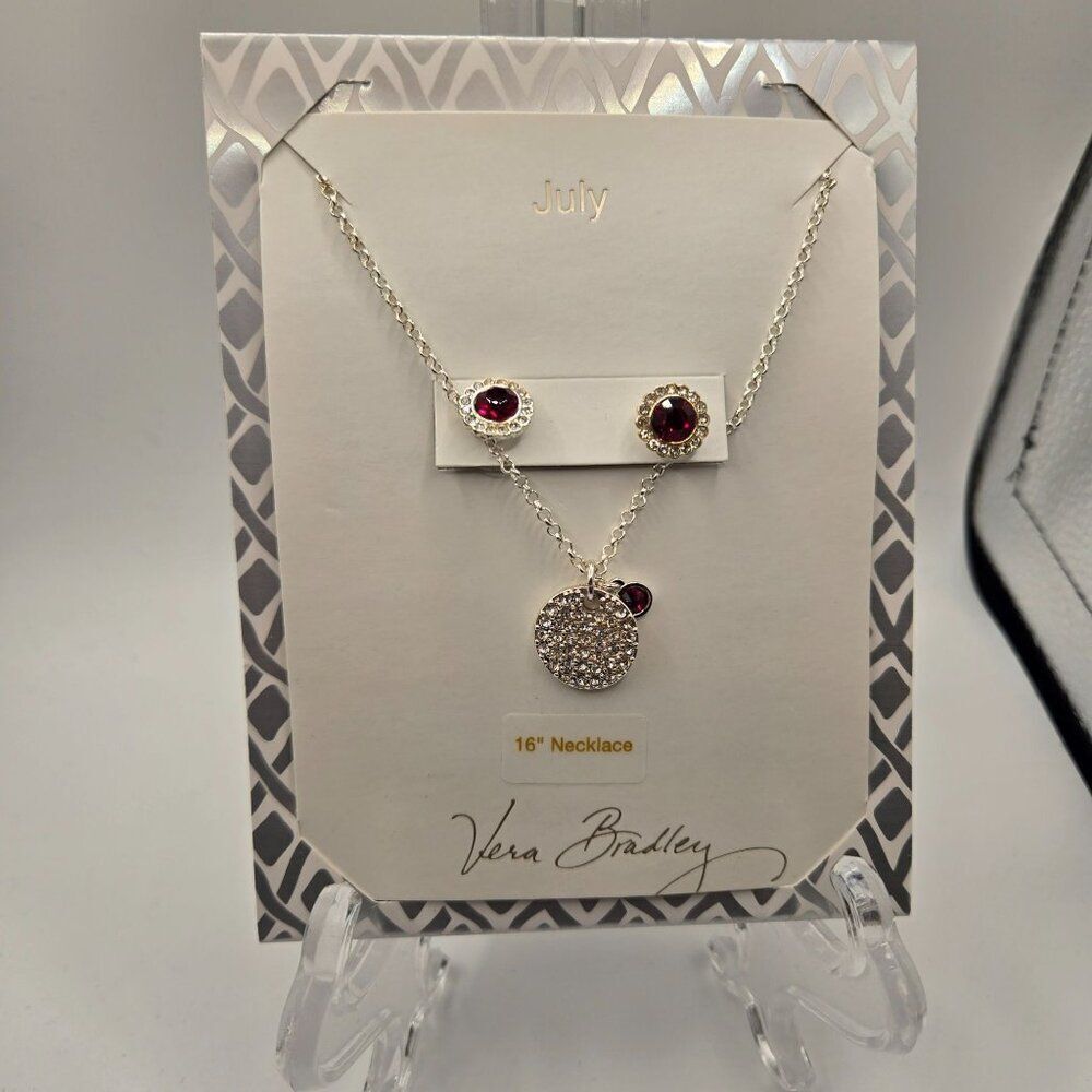 Vera Bradley July Birthstone Jewelry Set Silver Necklace Ruby Stud Earrings New